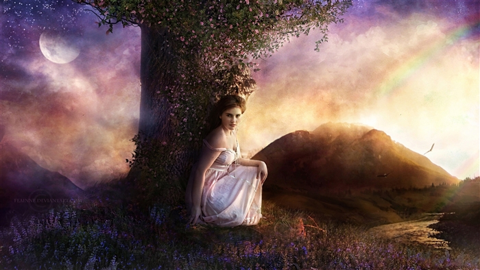 Woman in a pink dress under a tree with moon and rainbow