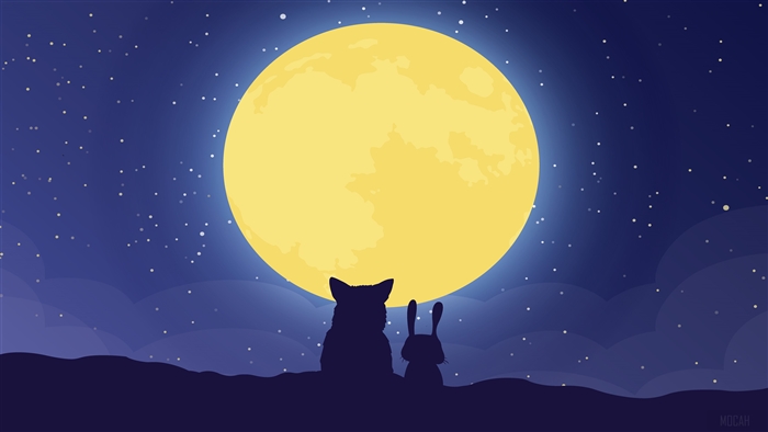Silhouette of a wolf and a rabbit under a large moon