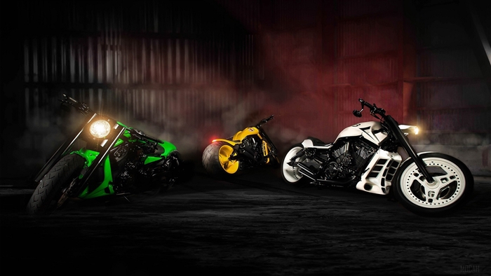 Three custom motorcycles in a garage
