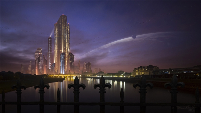Futuristic Cityscape with Ringed Planet
