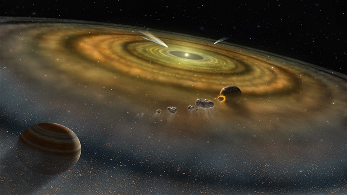 Protoplanetary disk with forming planets and comets 4K