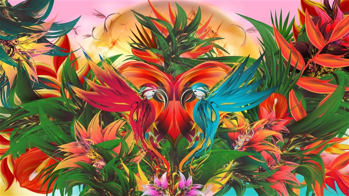 Two parrots amidst tropical flowers