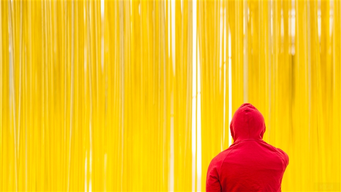 Person in red hoodie against yellow background