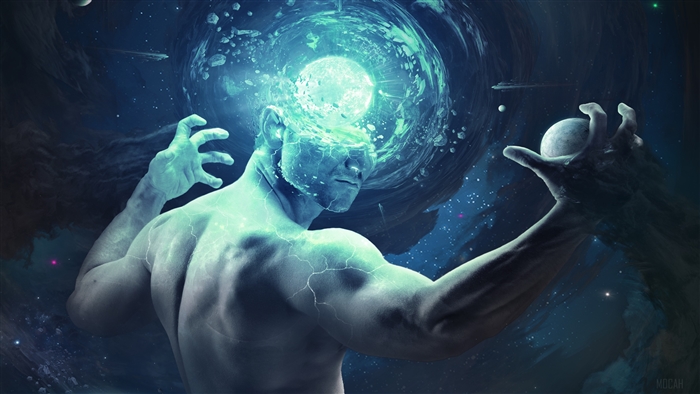 Human creating galaxy with planets 4k