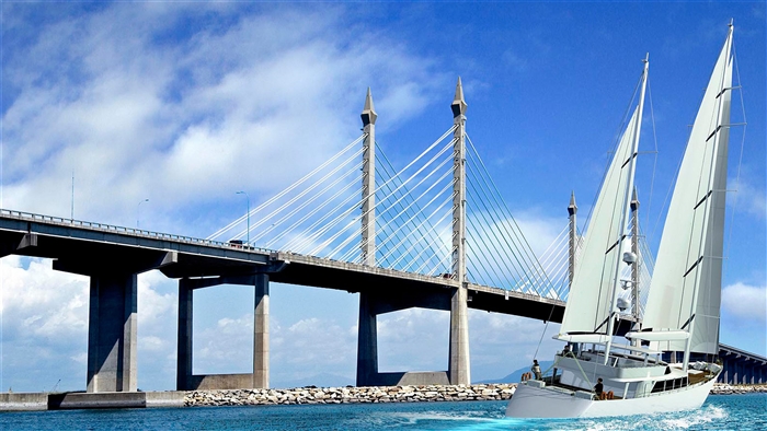 Sailboat near Penang Bridge Malaysia 4K