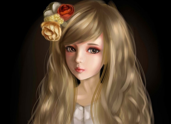 Portrait of a Doll with Flowers and Black Hair