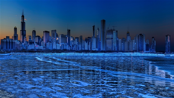 Chicago Skyline Over Frozen Lake Michigan 4K