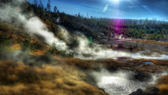 Steam rising from hot springs in Yellowstone National Park 4K