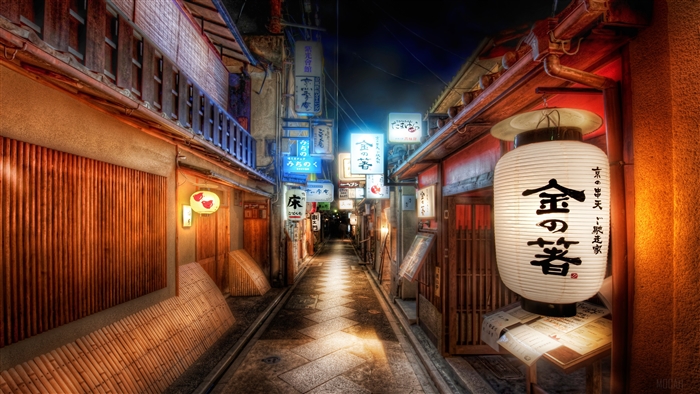 Japanese Alleyway with Lanterns and Signs 4K