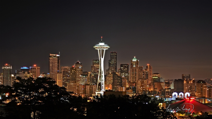 Seattle Skyline with Space Needle at Night 4K