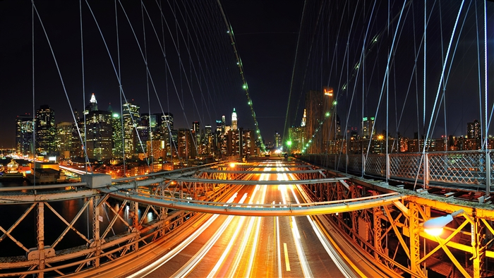 New York City Skyline at Night from Brooklyn Bridge 4K