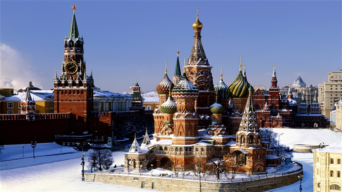 Saint Basil's Cathedral and Kremlin Spasskaya Tower in winter, Russia 4K