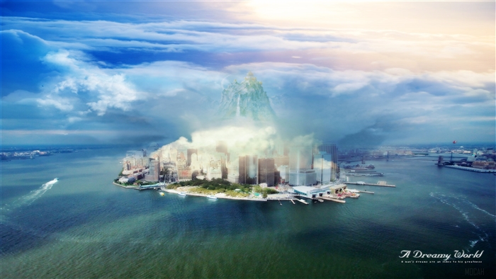 A Dreamy World Cityscape with Mountain and Clouds 4K