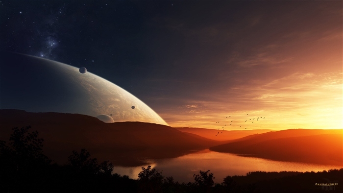 Alien Planet Landscape with Large Planet and Moons