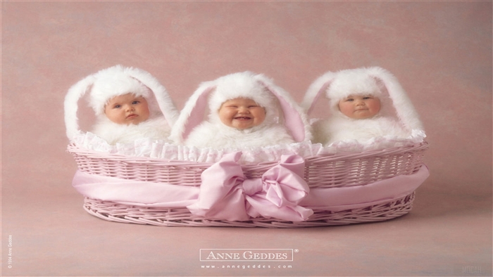 Three Babies in Bunny Costumes in a Basket