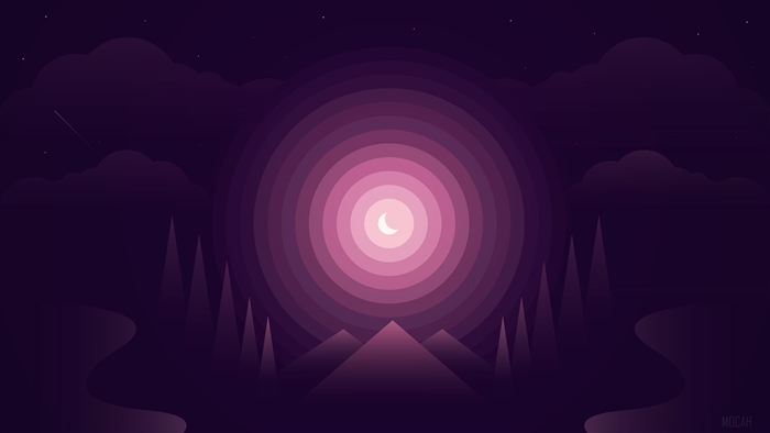 Purple gradient night sky with moon and forest