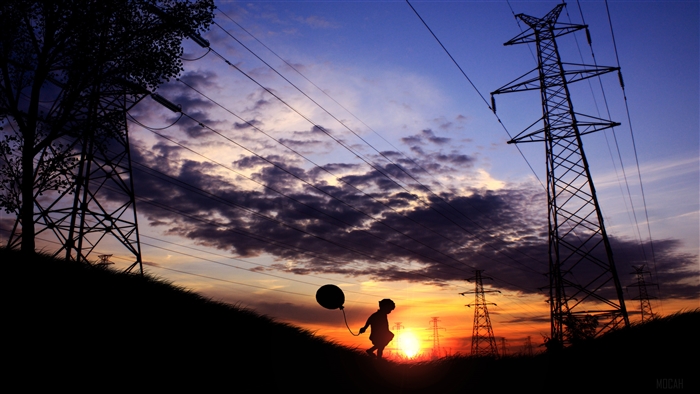 Child with balloon near power lines at sunset