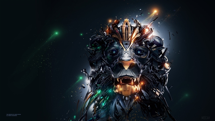 Mechanical Lion Head with Green and Orange Lights 4K