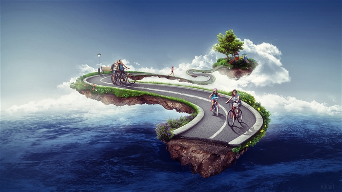 Floating Islands with People Cycling and Playing 4K