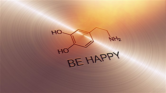 Dopamine molecule and "BE HAPPY" text 4K