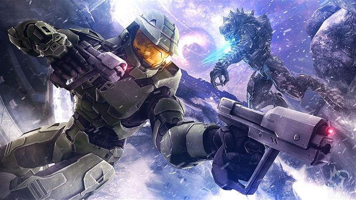 Master Chief from Halo 3 fighting a Covenant Elite