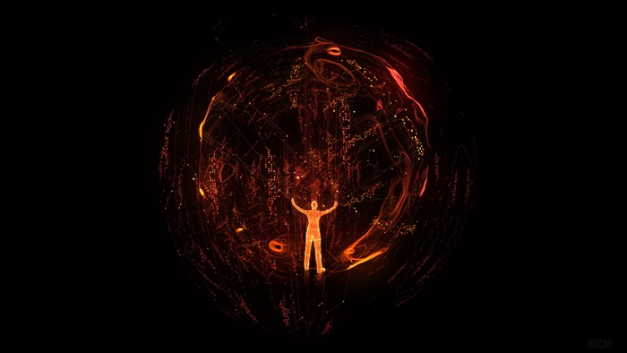 Man in a sphere of light and data