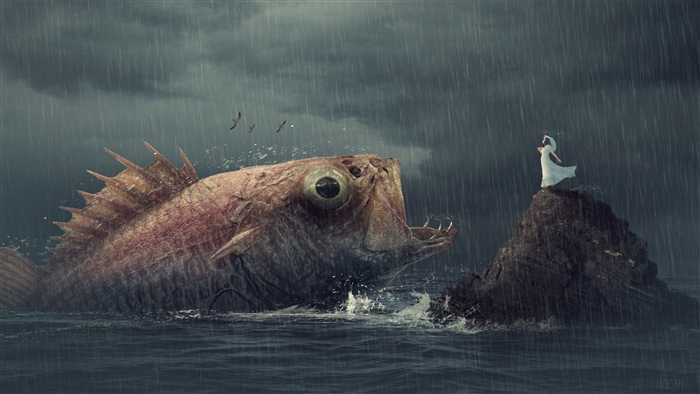 Woman and Giant Fish in Rain 4K