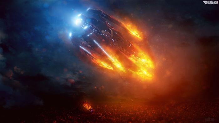 Spaceship in flames from Lost Ark and Mass Effect Andromeda 4K