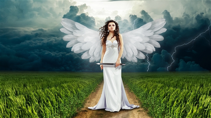 Angel with sword in stormy field 4K