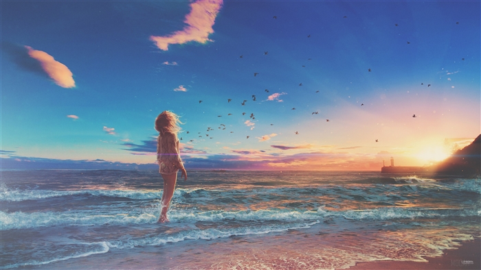 Girl Standing on Beach at Sunset 4K
