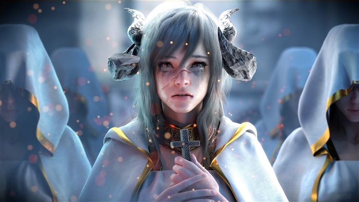 Fantasy Demon Priestess with Horns and Cross 4K