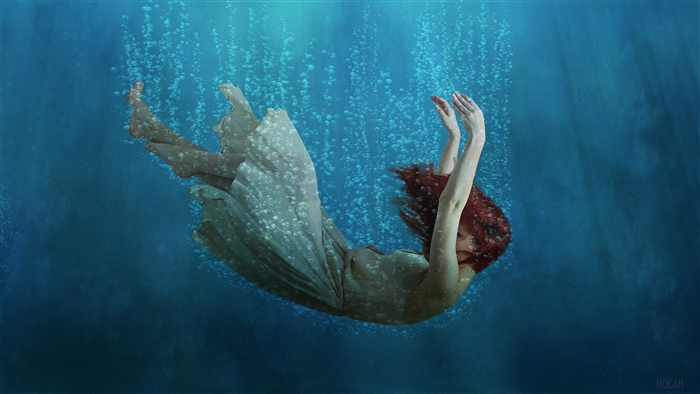 Girl falling underwater with bubbles 4K
