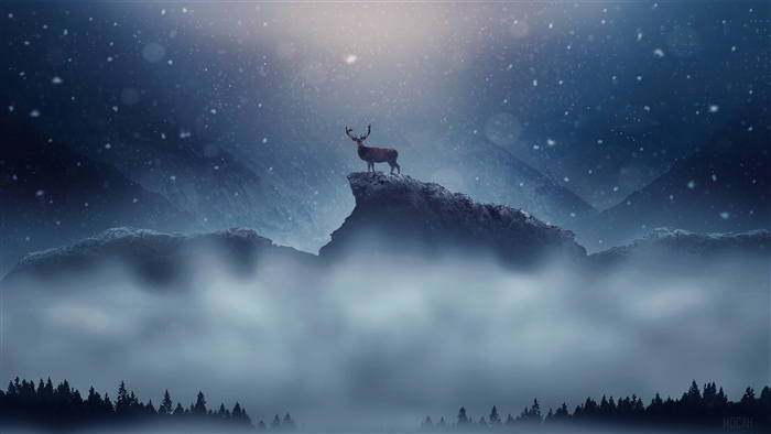 Deer on a snowy mountain peak