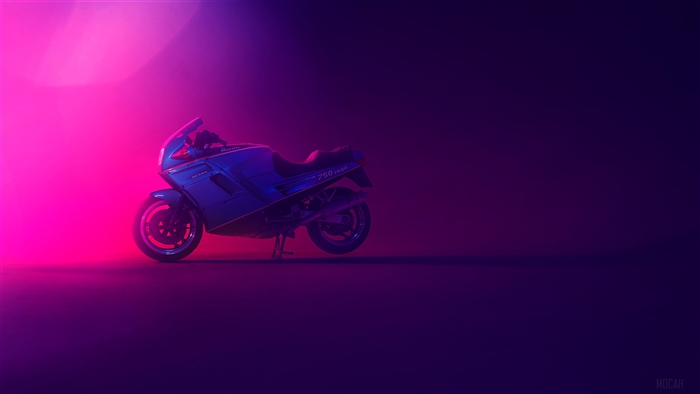Blue Ducati 750 PASO motorcycle with pink and purple lighting