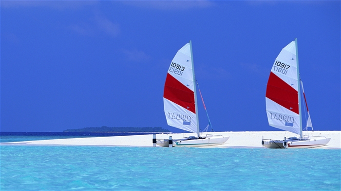 Two sailboats on a tropical beach with blue sky