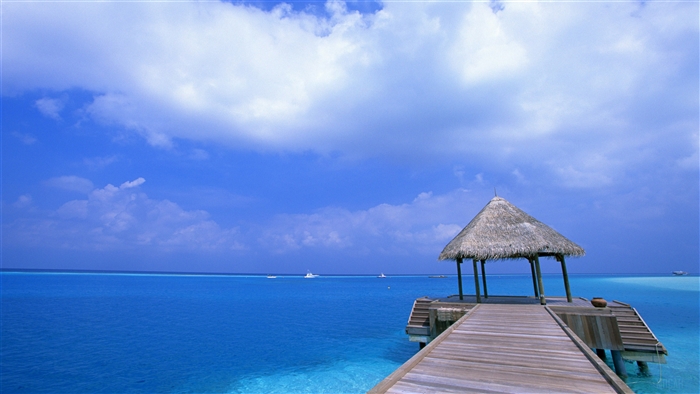 Wooden Pier with Thatched Hut on a Tropical Beach