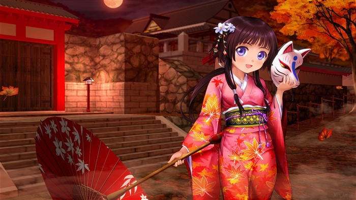 Anime Girl in Kimono Holding Fox Mask and Umbrella