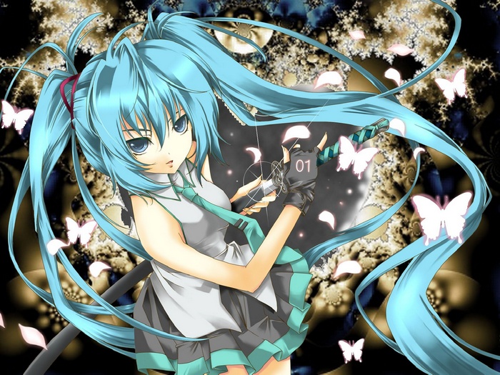 Hatsune Miku with Long Teal Hair and Butterfly Petals