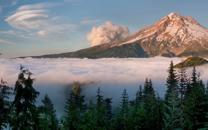 Mount Hood with clouds and smoke
