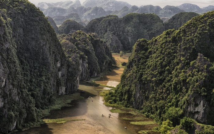 Karst landscape with river and rice paddies