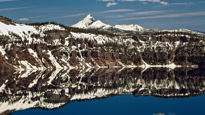 Snow-covered mountains reflected in a lake