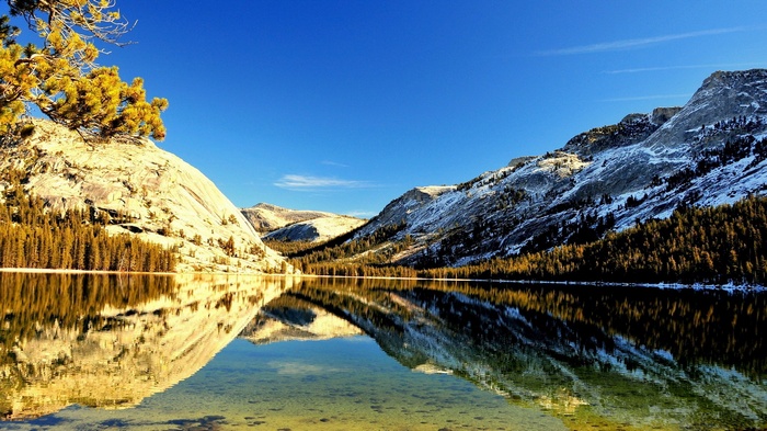 Lake reflection of mountains and trees under blue sky
