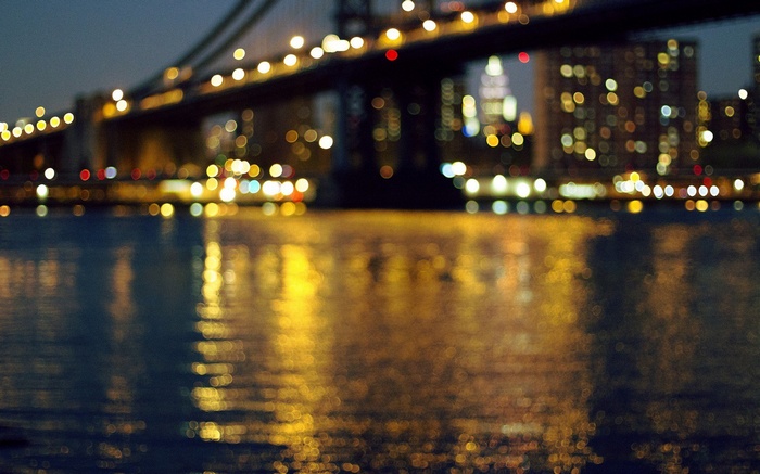 City skyline and bridge lights reflected on water at night