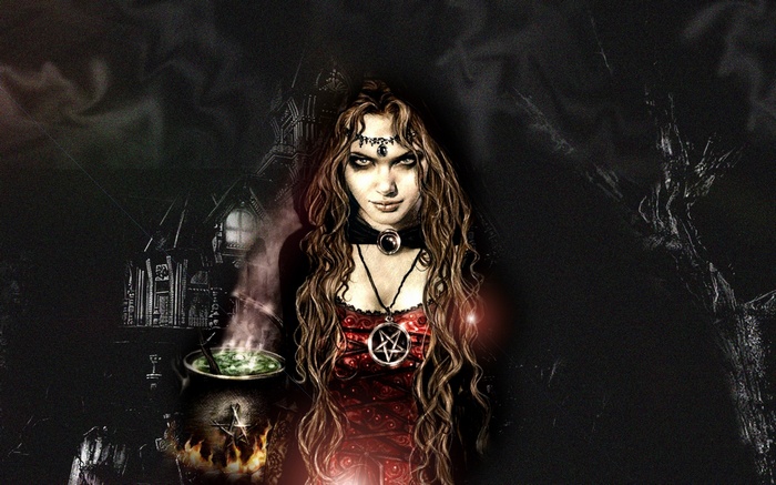 Witch with a cauldron and a gothic building
