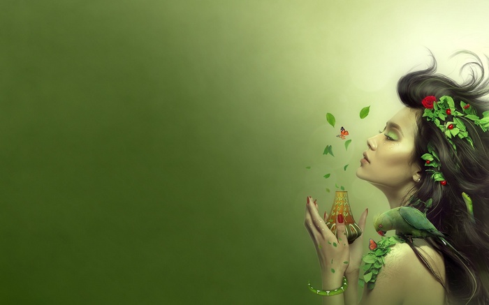 Serene Girl with Parrot and Spring Butterflies