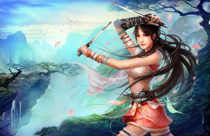 Fantasy Asian Swordsman Warrior Woman with Dual Swords