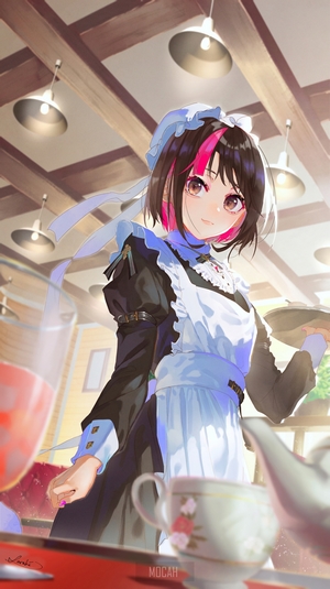 Anime maid girl serving tea in a cafe