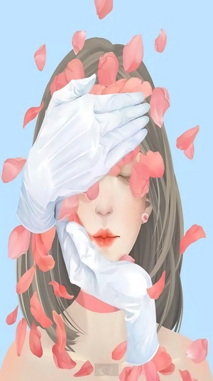 Woman with hands covering face and falling flower petals