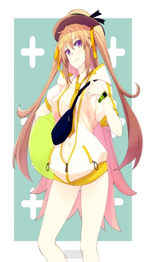 Anime girl with pigtails and hat holding a float