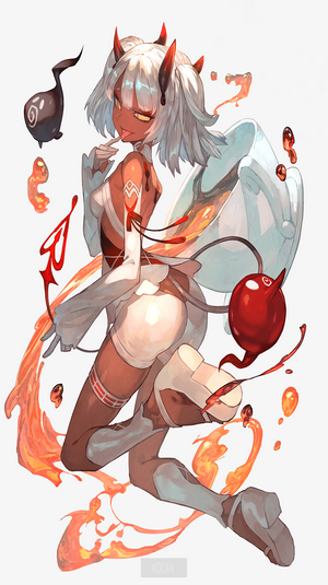 Anime girl with horns and tail, surrounded by liquid and a black creature